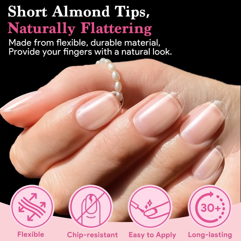 Short Almond False Nail Tips, 15 Sizes 510 PCS Clear Soft Press On Fake Nail Pre-shaped Half Matte Full Cover Gel Nail Tips Extensions Strong Thick Long Lasting for DIY Beginners & Salon Manicure