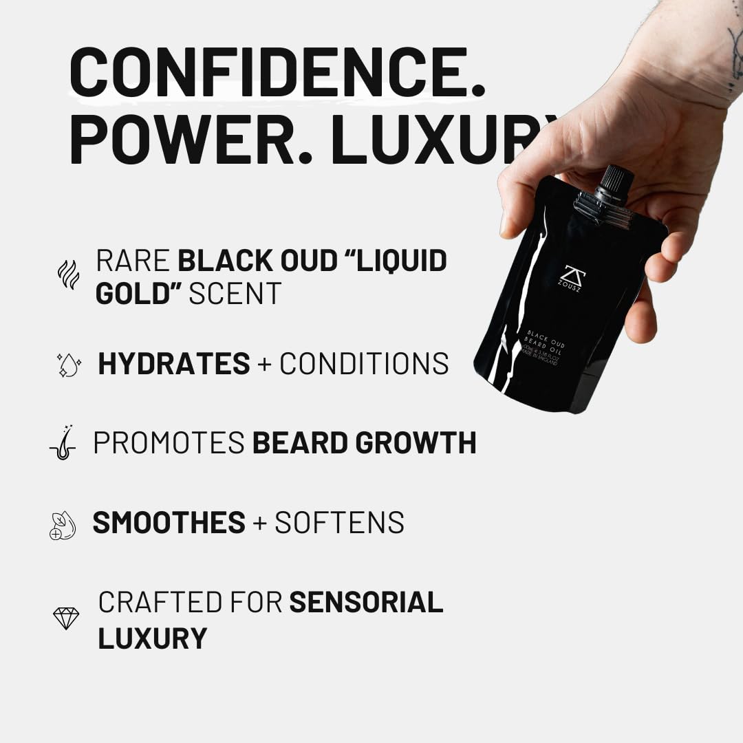 Beard Oil for Men, 100mL Refill Pouch - Black Oud (Growth Enhancer), Beard Care Essential, Moisturiser/Softener, Non-Greasy After Shaving Oil, Paraben-Free