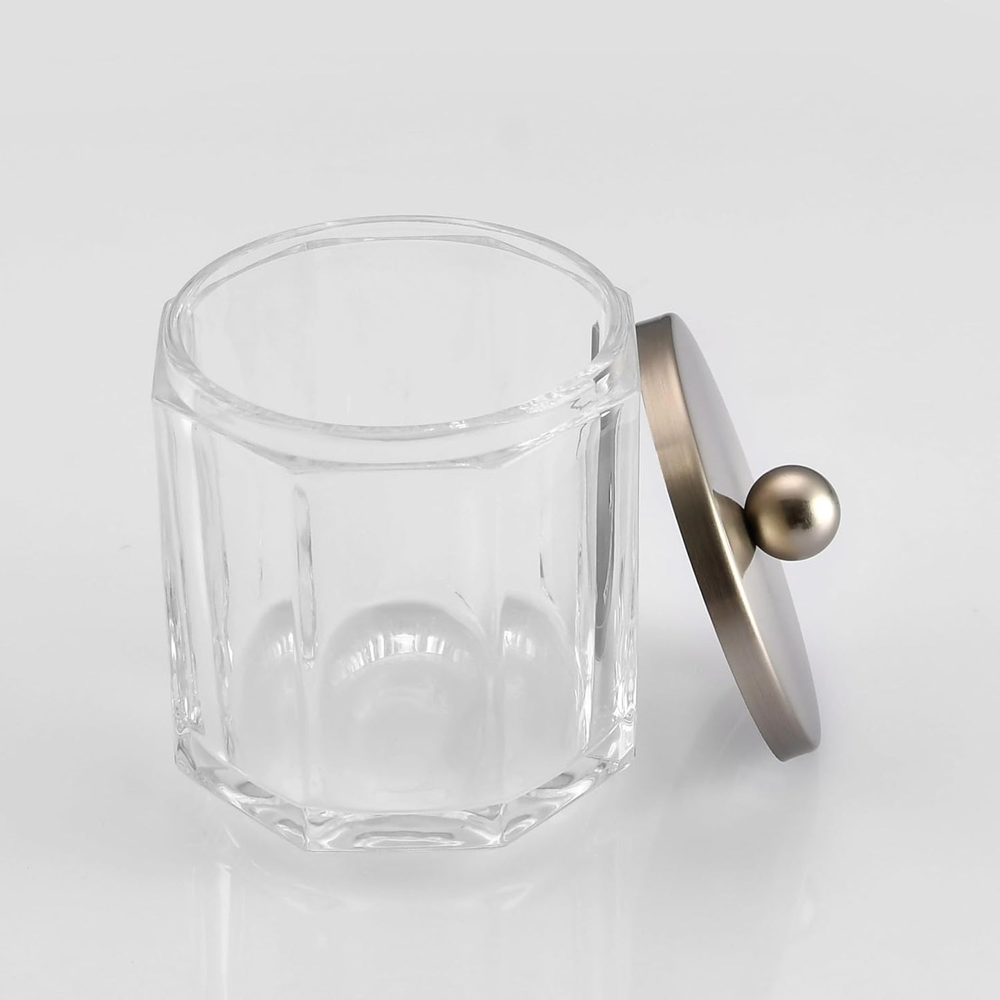 Home Glass Cotton Jar Holder Nickel Lid, Elegant Bathroom Storage Canister for Qtips, Cotton Balls, Floss, Makeup Organizer, Vanity Bathroom Organization