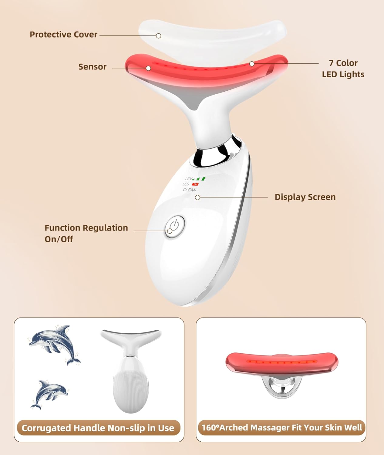 7 Color Face and Neck Massager Light Therapy, Red Light Based Facial Massager for Skin Care, Firming, Smoothing (White)