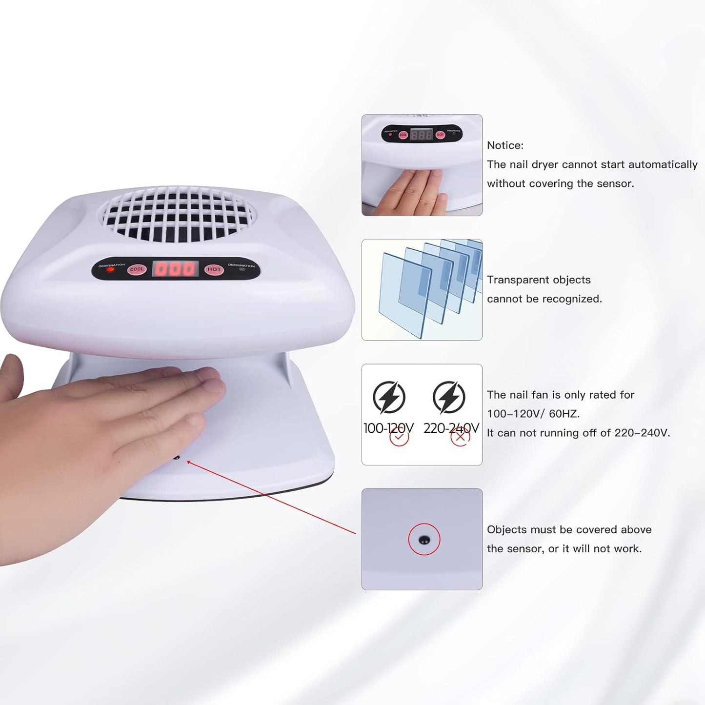 Gegong Air Nail Dryer with Automatic Sensor, 300W Timing Fan Blow for Both Hands and Feet, Warm & Cool Wind Blower Regular Polish, Home Salon Use No Harmful (Light Blue)