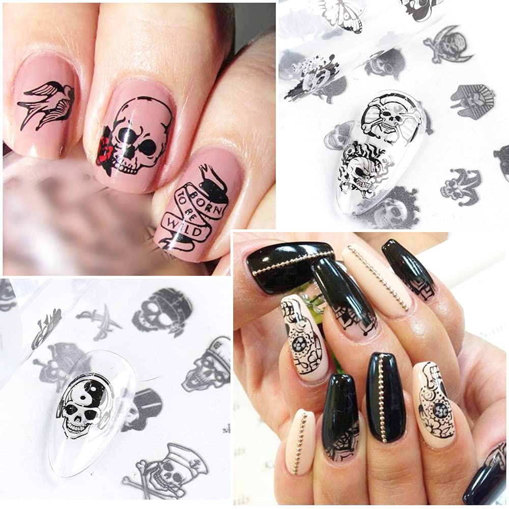 Black Skull Design Nail Foils Halloween Nail Transfer Foil Gothic Skull Nail Art Stickers Decals with Horror Pirate Skeleton Vampire Bone Butterfly Slider Wrap Design Nail Art Decoration Supplies