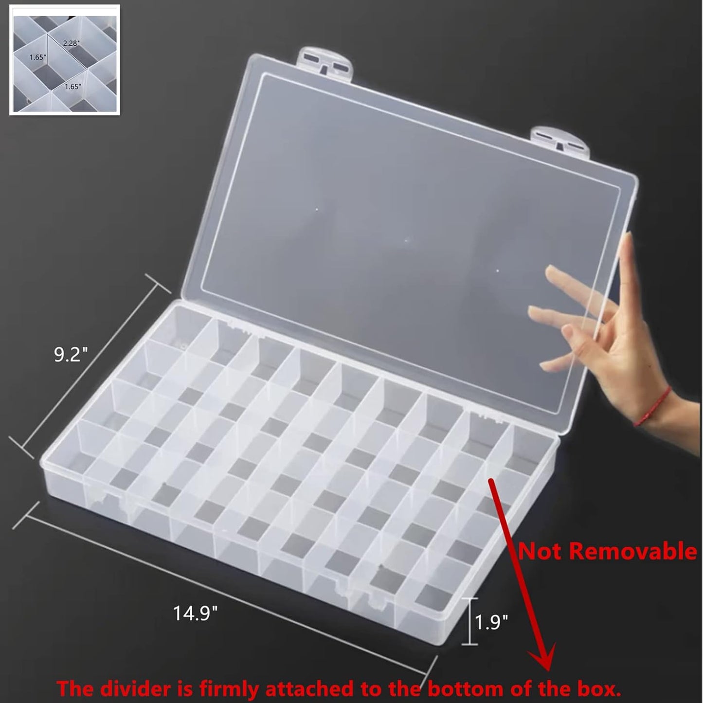 3PCS 36 Grids Large Plastic Organizer Box with Dividers, Compartment Organizer Box for Nail Accessories/Screw/Sewing Arts and Oil Paint, Bead Storage Containers 14.9 Inch x 9.2 Inch x 1.9 Inch (Clear)