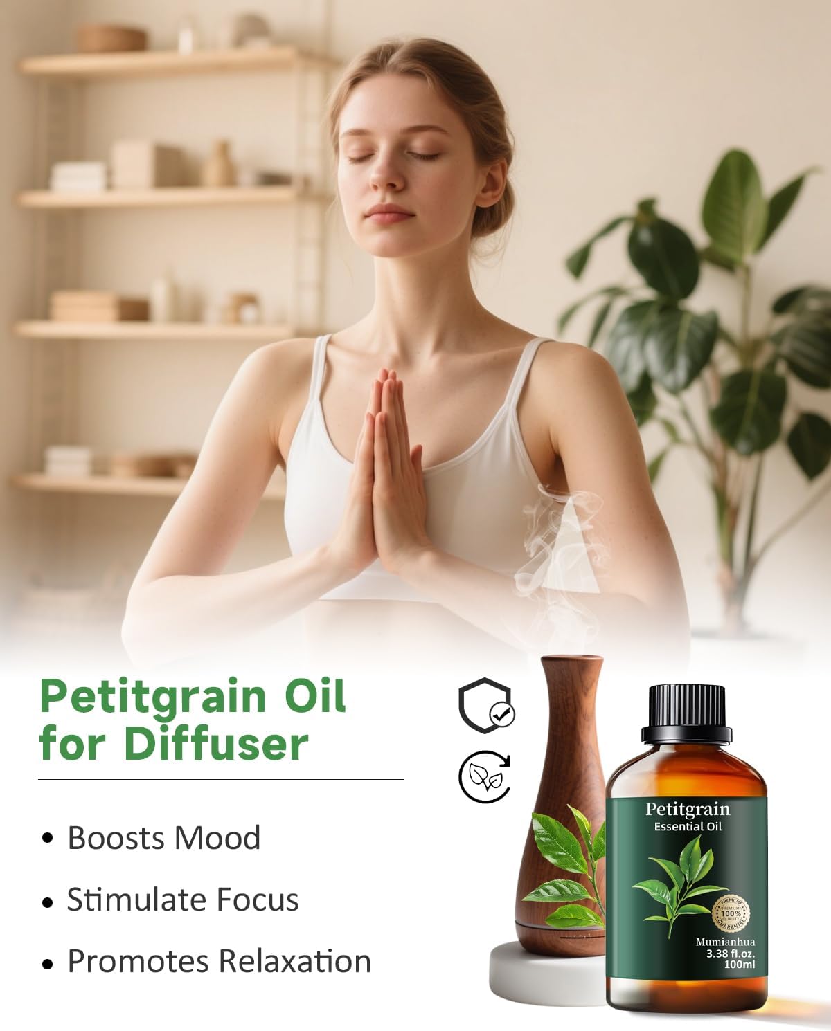 Petitgrain Essential Oil Pure Mumianhua Natural Petitgrain Oil for Diffuser, Humidifier, Skin, Hair, Aromatherapy, Massage, Soap, Candle Making 3.38 Fl Oz