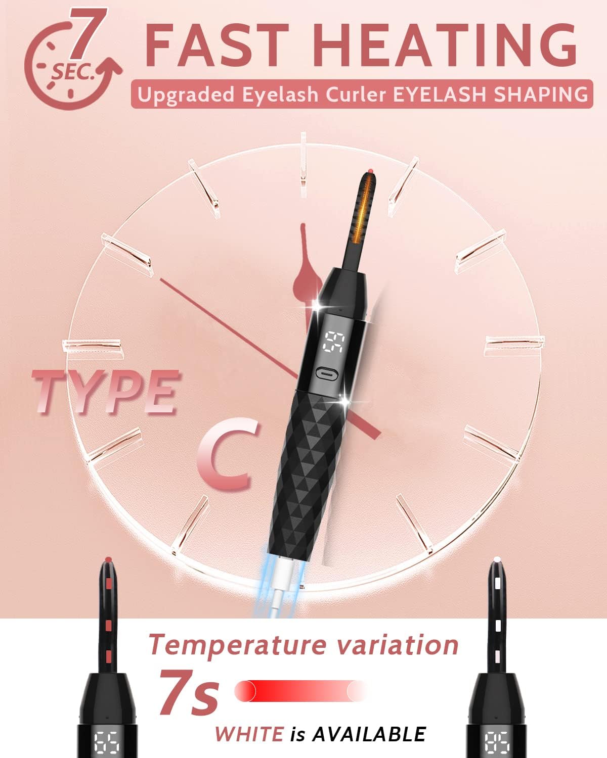 Heated Eyelash Curler - Heated Lash Curler - Electric Eyelash Curler Rechargeable for 24 Hours Long-Lasting Natural Eyelashes, LED Display - 4 Heating Modes, 8S Fast Heating, Gifts for Women Girls