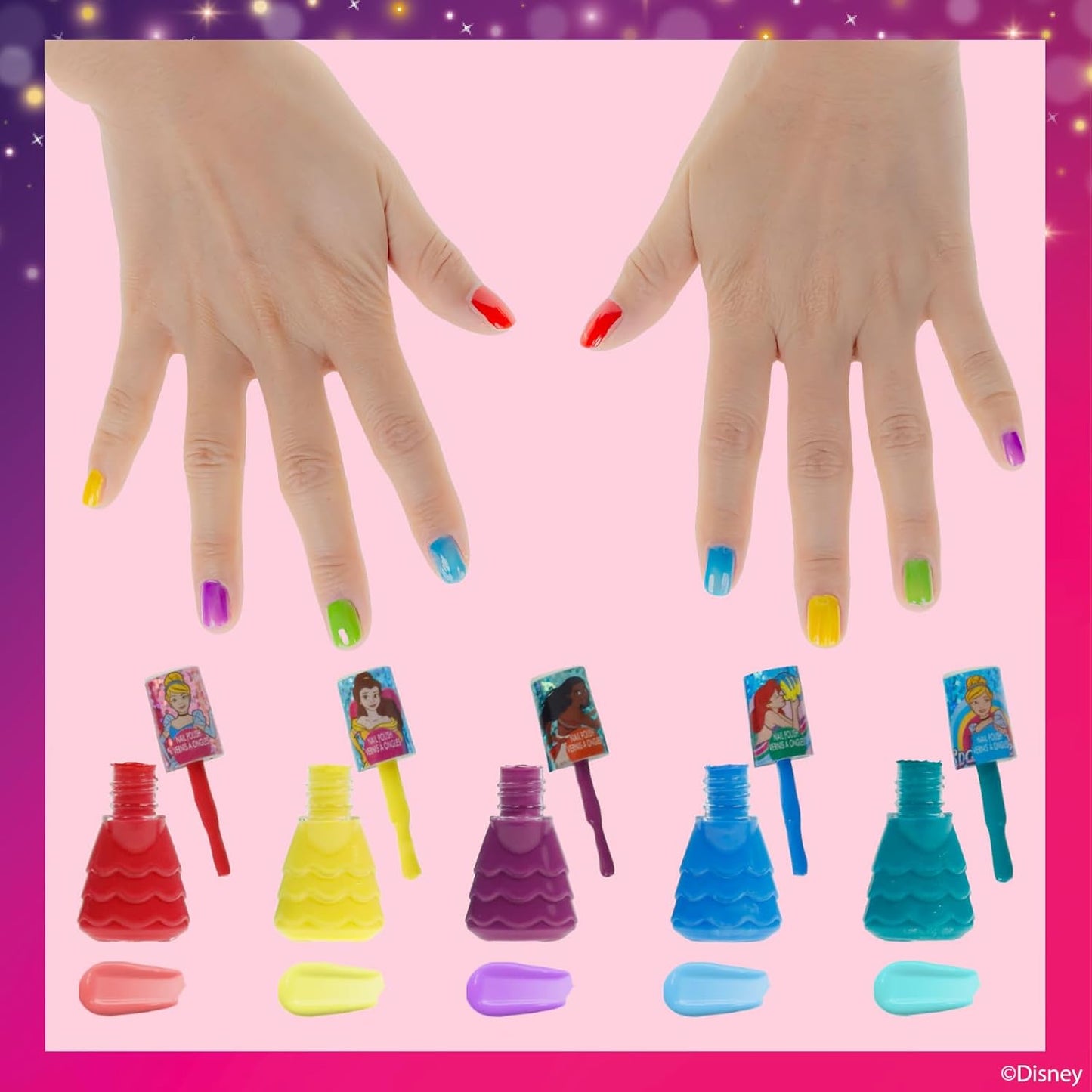 Townley Girl Disney Princess Castlebox Non-Toxic Peel-Off Water-Based Natural Safe Quick Dry Nail Polish | Gift Kit Set for Kids Girls, First Princess | Opaque Colors, Ages 3+ (18 Pcs)