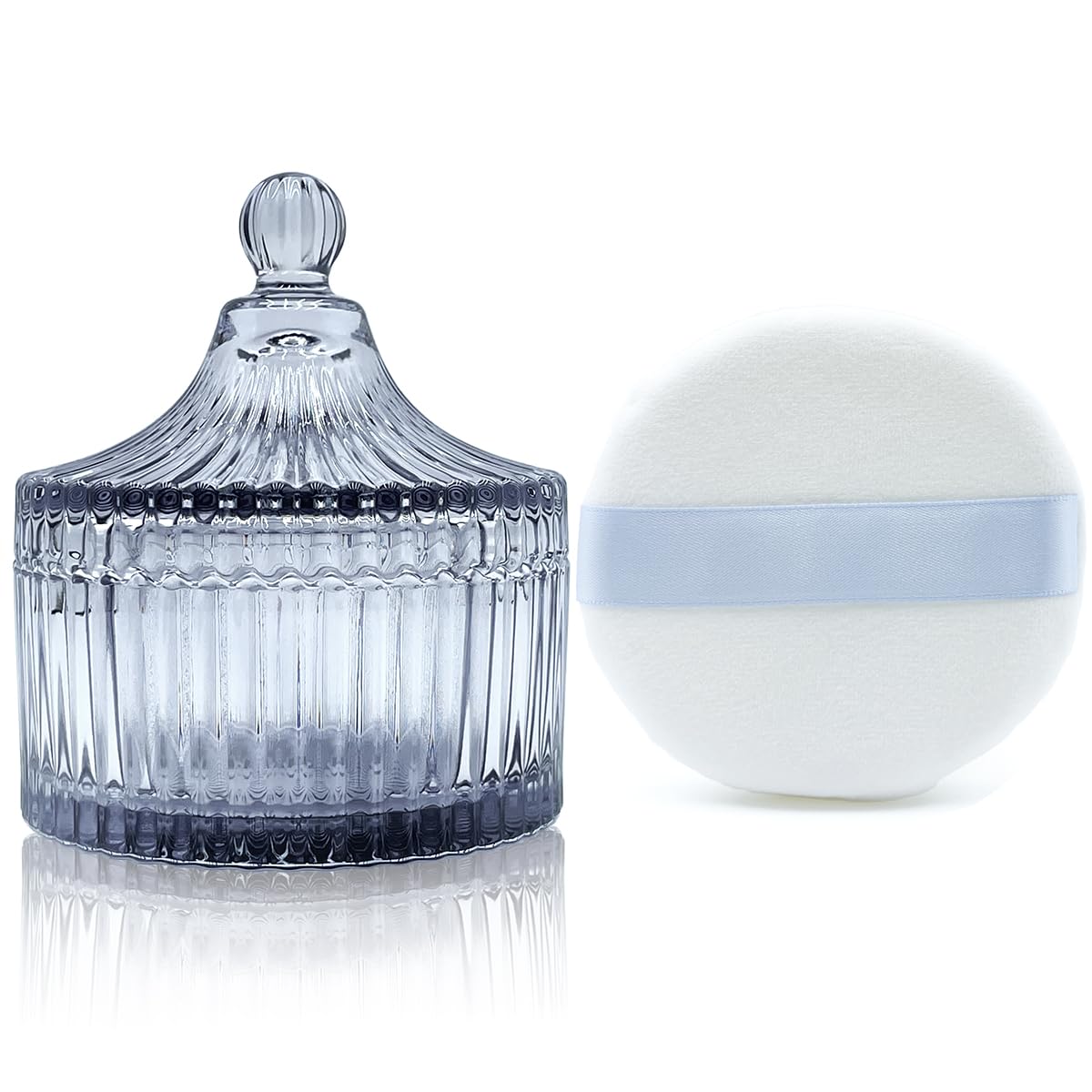 Ultra Soft Powder Puff and Container 3.3" High Density Velvet Dusting Washable Reusable Powder Puff,Body Powder Puff and Glass Jar Holder Loose Powder Box with Puff for Face Makeup(Gray)