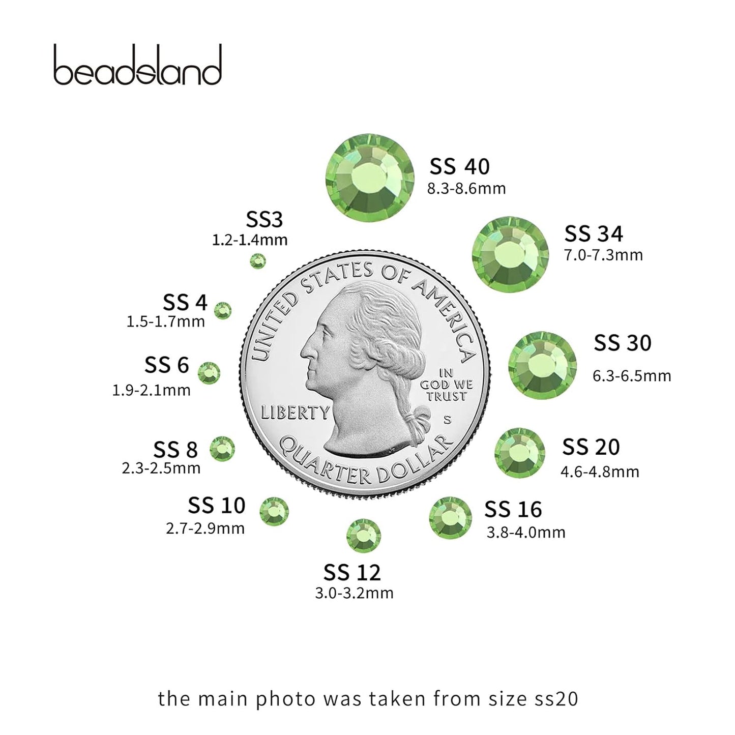 Beadsland 288pcs Flat Back Crystal Rhinestones Round Gems for Nail Art and Craft Glue Fix, Light Green, SS34,7.1-7.3mm