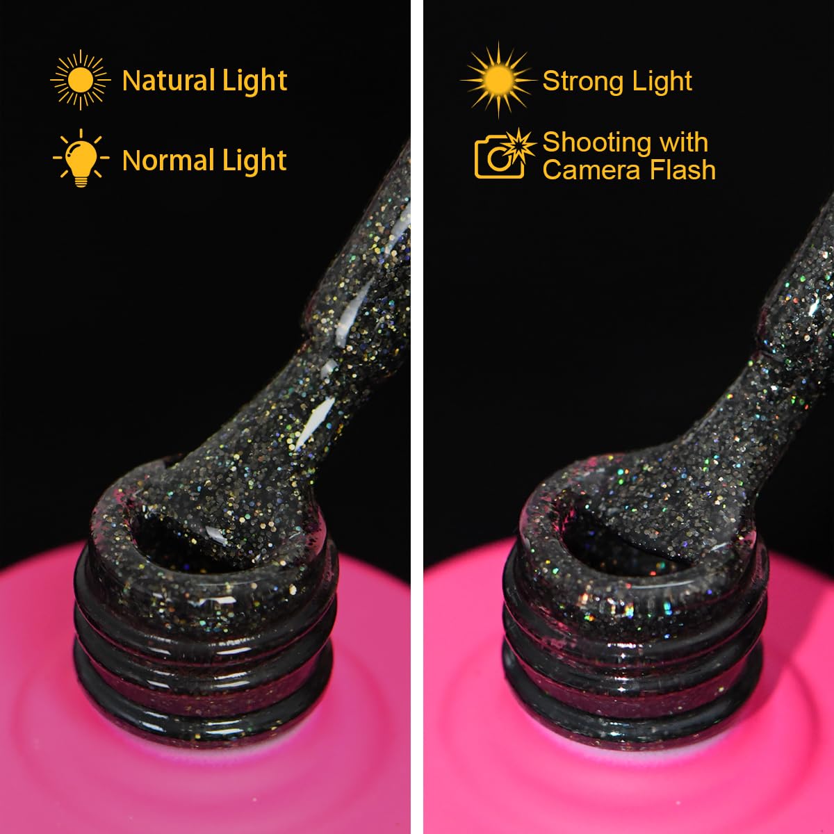 Holographic Glitter Gel Nail Polish, HEMA HPMA TPO Free, Black Sparkle Shimmer, Need UV Lamp Long Lasting Salon Perfect Gel Nail 15ML for Women (BJ-005)