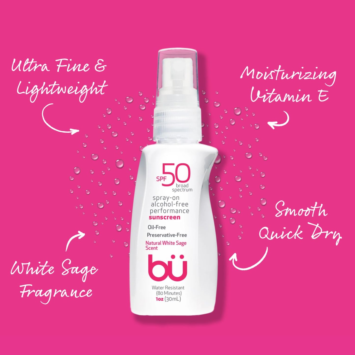 BU SPF 50 Sunscreen Spray for Face and Body, Non Aerosol Spray, TSA Travel Size Sunscreen, Clear, Non Greasy, Water Resistant, White Sage 1 oz (3 Pack)