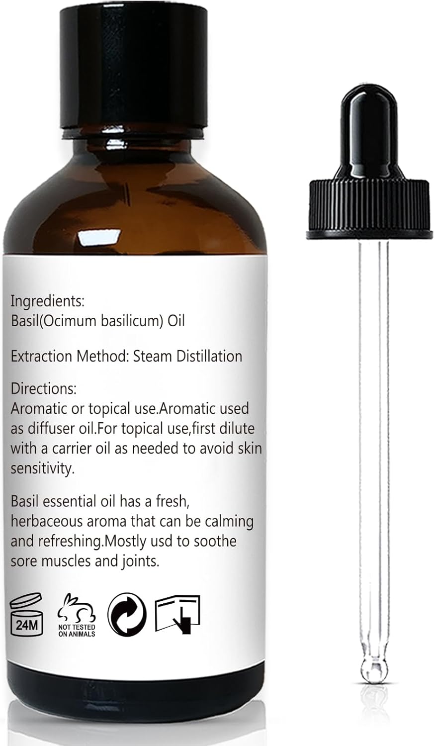 Basil Essential Oil 1 Oz – 100% Pure Natural Basil Oil for Diffuser, Skin, Massage & DIY, Fresh Herbaceous Aroma