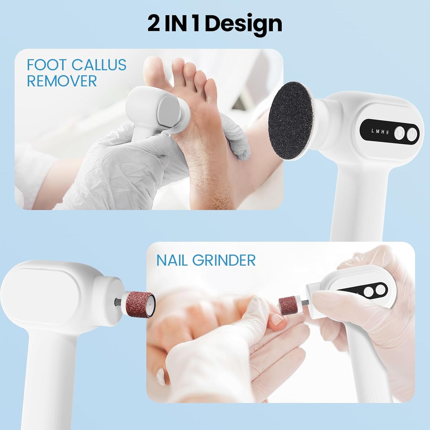 Electric Callus Remover for Feet, 2 in 1 Electric Foot File Grinder, Rechargeable Cordless Foot Scrubber for Dead Skin, Adjustable Speed with Sandpaper Discs, Professional Pedicure Tools,White