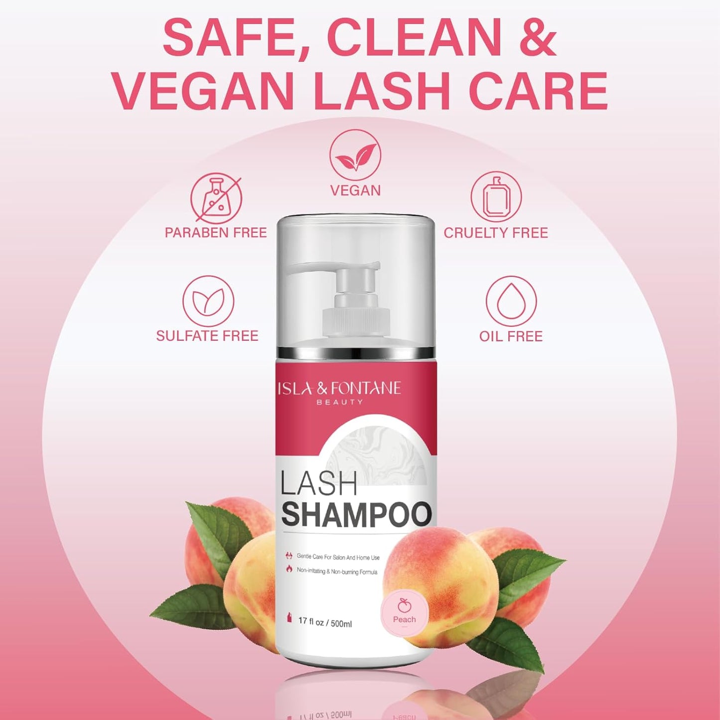 ISLA & FONTANE Lash Shampoo Bulk – Multi-Scent Series – 17 fl oz / 500ml | Gentle Eyelash Cleanser for Lash Extensions | Non-Irritating | Professional Lash Bath Foam For Salon And Home Use (Peach)