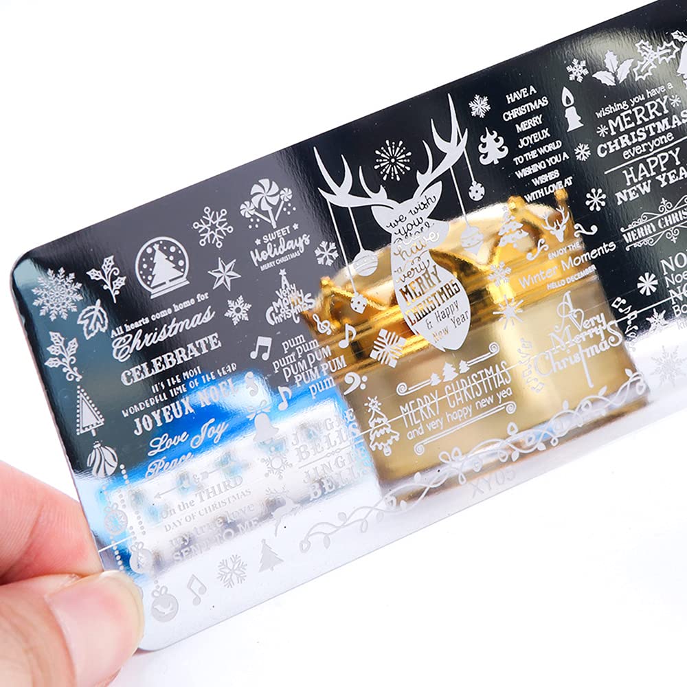 Christmas Nail Stamping Plates, 5Pcs Christmas Nail Stamper Kit Snowflakes Xmas Tree Bell Snowman Elk Nail Art Stencils Plates Winter Nail Stamp Kit Manicure Template Design Tool