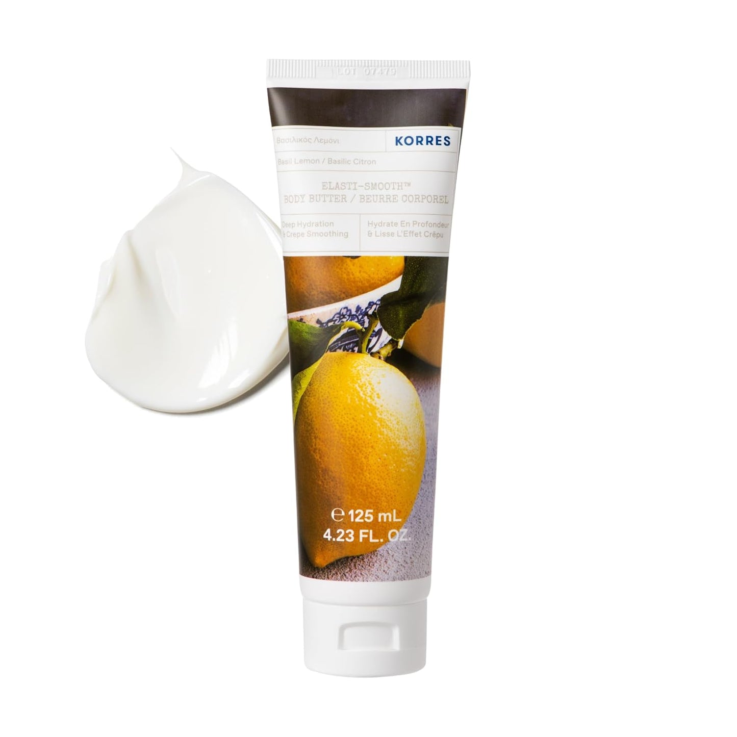 KORRES Elasti-Smooth Basil Lemon Body Butter With Shea Butter, Squalane And Greek Safflower Oil For Velvety Skin Texture, Fast Absorbing Whipped Moisturizer With Herbal Citrus Scent, 4.23 Fl Oz