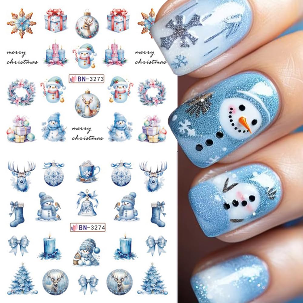 Christmas Nail Art Stickers Decals Winter Snowflake Snowman Acrylic Nail Decals Santa Claus Holographic Water Transfer Nail Foils Cute Gingerbread Man Xmas Tree Elk Penguin Sticker for Women DIY Nails