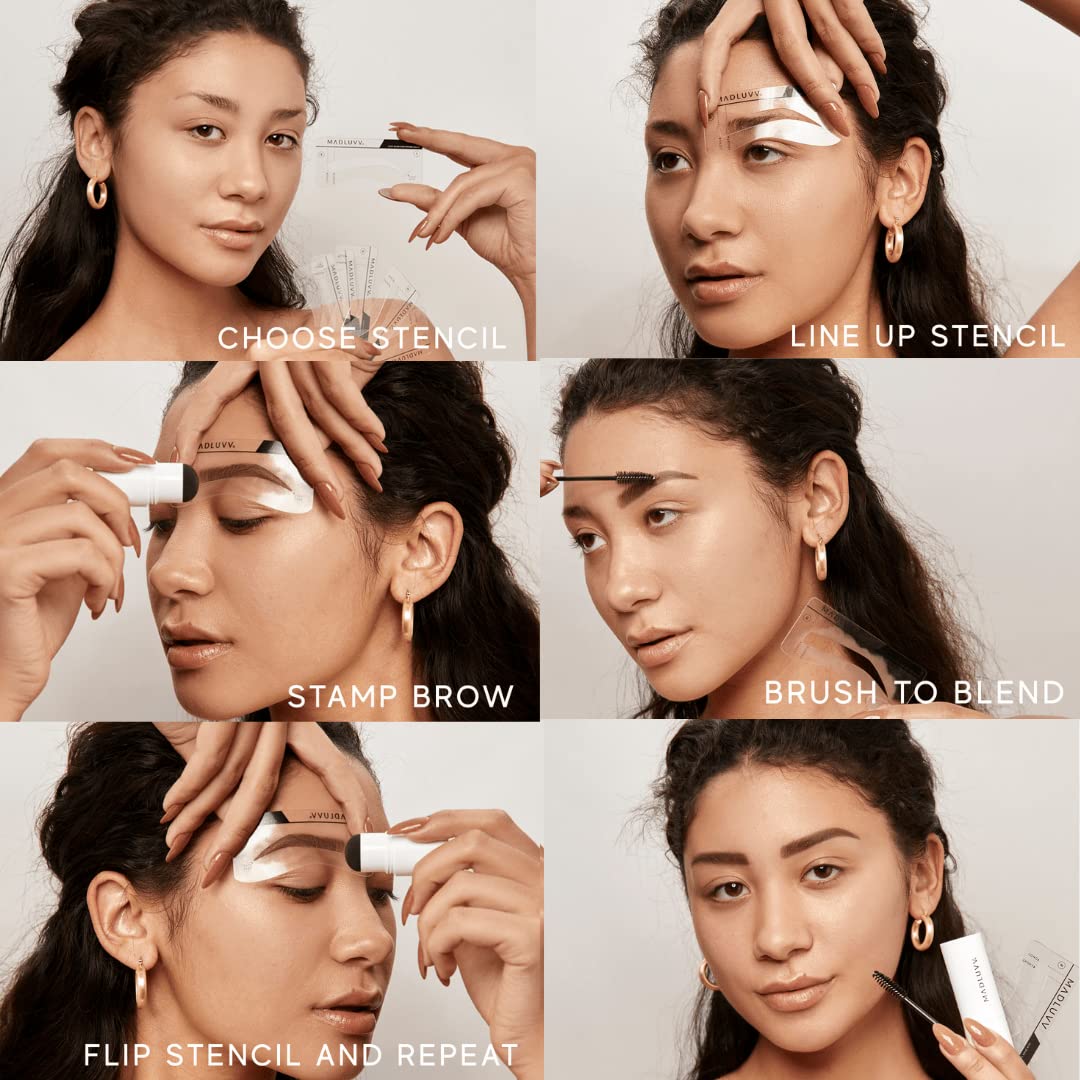 MADLUVV Brow Stamp Kit with Brow Stencils – Easy Eyebrow Shaper for Natural-Looking Brows – Popular Eyebrow Stencil Kit Used by Professionals – 9 Shapes, Spoolie, Travel Bag & Stamp (Blonde)