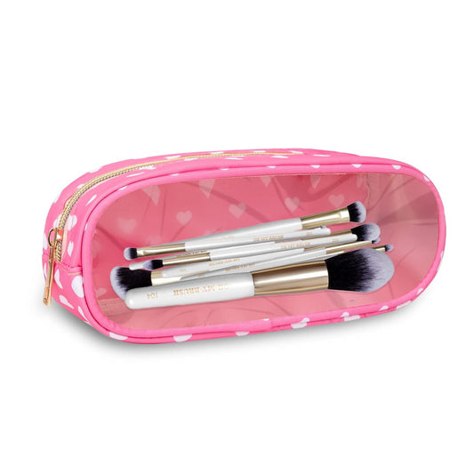 Clear Small Pencil Pouch Makeup Bag for Purse,Nylon&PVC Pencil Case Waterproof Makeup Brush Holder with Zipper,Preppy Transparent Pen Bag Travel Cosmetic Bag for Women Office(Slim-Pink Heart)