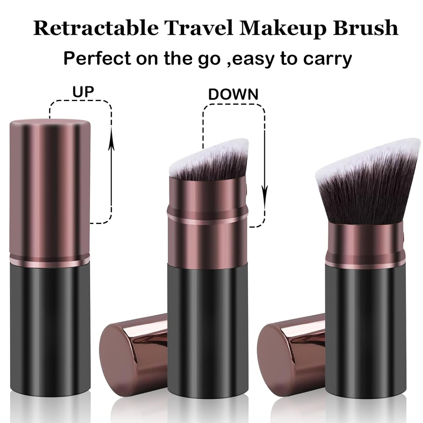 Retractable Makeup Brush, Travel Kabuki Powder Makeup Brush 2 Pack, Foundation Face Blush Brushes for Blending Liquid, Blush, Bronzer, Buffing, Sunscreen,Flawless Cosmetics