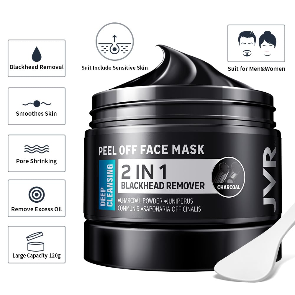 JVR Peel Off Face Mask, Blackhead Remover Mask for Men, Charcoal Peel Off Black Mask, Facial Mask Purifying and Deep Cleansing for All Skin Types 8.46 OZ
