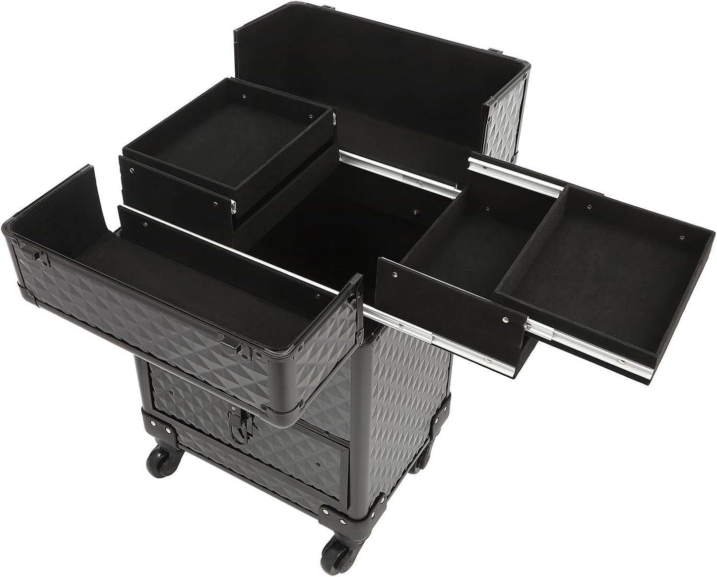 Rolling Makeup Train Case Professional Cosmetic Organizer Large Capacity Trolley Makeup Travel Case with 360° Swivel Wheels for Makeup Artist (Black)
