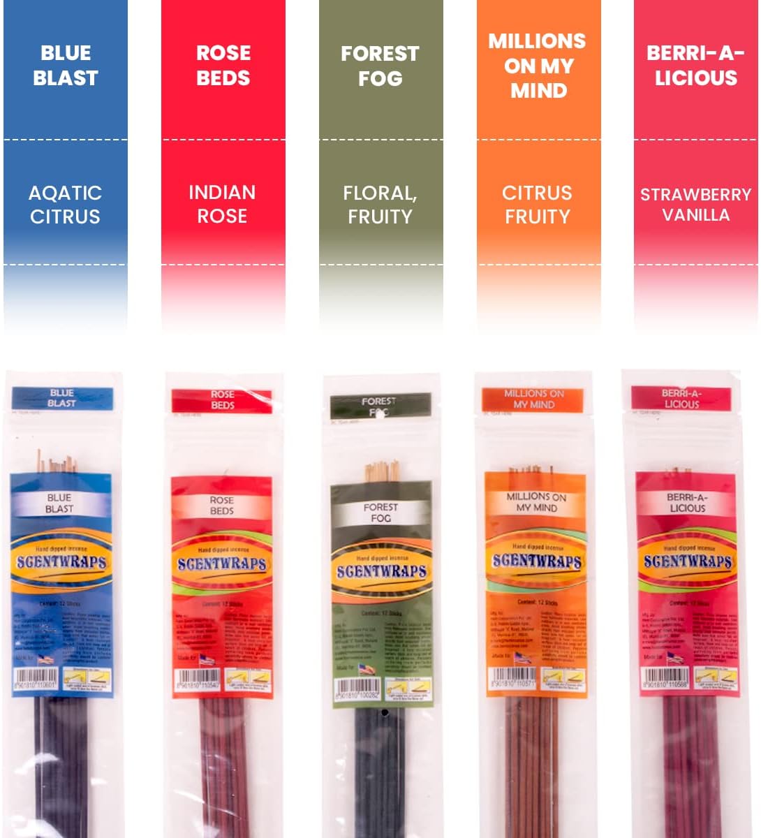 Hem Incense Sticks Variety Pack Set of 5 Packs (12 Stick x 5 Pack,60 Sticks), Hem Scentwrap 11 inches Natural Hand Dipped Insenses with Raajsee Incense Holder Bundle, Free from Chemicals Non Toxic