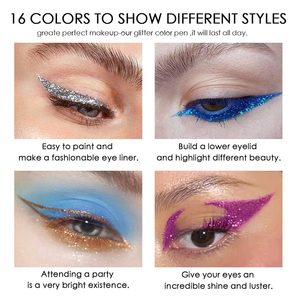 evpct 16 Color Liquid Glitter Eyeliner Sets Eyeliner Glitter Liquid Liners for Women White Silver Rose Gold Pink Sparkly Sparkle Shimmer Eyeliners delineador con glitter de colores para ojos colores