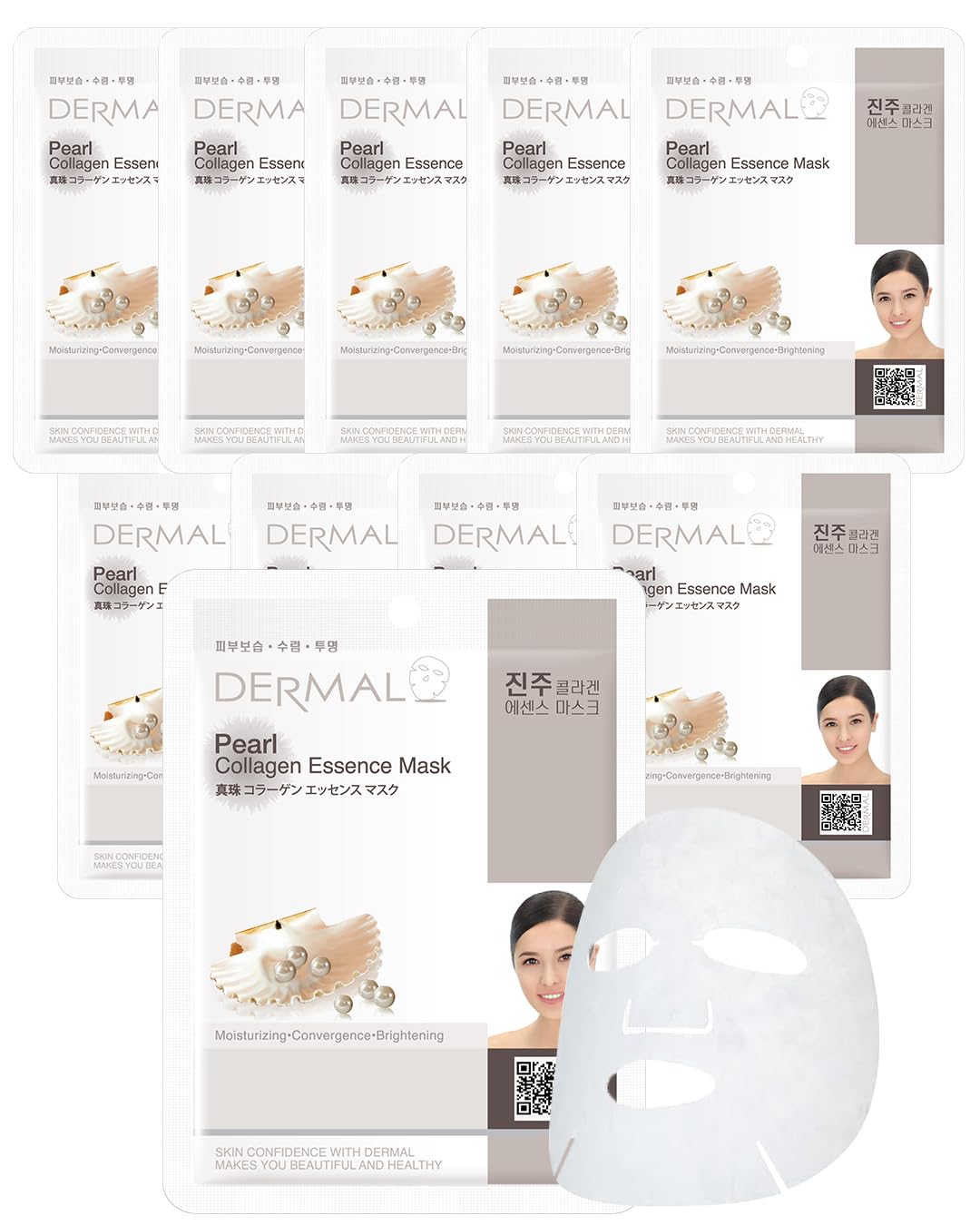 DERMAL Pearl Collagen Essence Facial Mask Sheet 23g Pack of 10 - Clarify Skin, Skin Smooth, Daily Skin Treatment Solution Sheet Mask