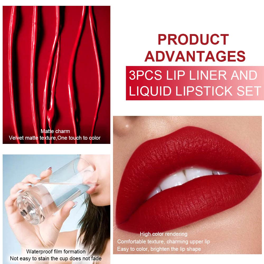 evpct 3Pcs Dark Brown Ruby Deep Red Matte Lip Liner Pencil and Liquid Lipstick Sets for Women Long Lasting Waterproof, 24 Hour Lipstick Lip Stick/Gloss Set labiales mate 24 horas originales, 02