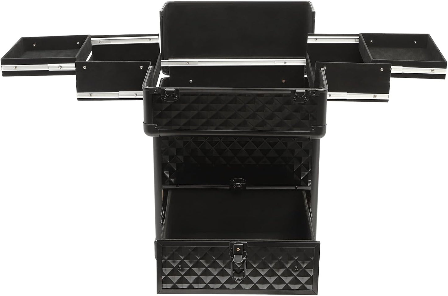 Rolling Makeup Train Case Professional Cosmetic Organizer Large Capacity Trolley Makeup Travel Case with 360° Swivel Wheels for Makeup Artist (Black)