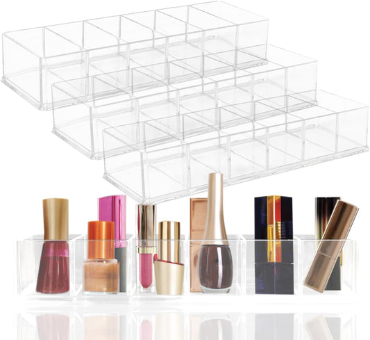 Nsmykhg Makeup Organizer Acrylic Cosmetic Storage Organizer,6 Compartments Acrylic Cosmetic Storage Jewelry Display Boxes, Clear Drawer Organizers Case,4 Pack (10 x 3.5 x 1.9 inches)