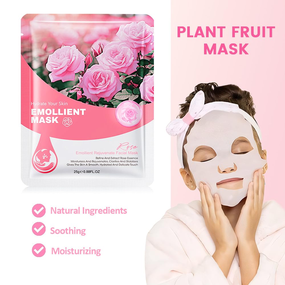 8 Pack Rose Face Sheet Mask Skincare,Hydrating Face Mask For Sensitive Skin,Moisturize,Soothing,Nourish for All Skin Types,Natural Spa Party Facial Mask Skincare Set for Women Men Girls
