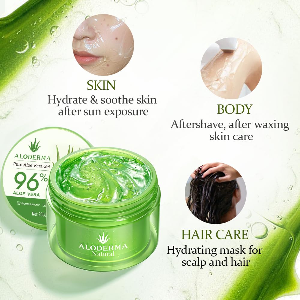 Aloderma Organic Aloe Vera Gel for Body Made within 12 Hours of Harvest, 96% Pure Aloe Vera Gel for Skin, Scalp, & Hair, Soothing Aloe Face Moisturizer, Multipurpose, Hydrating Aloe Gel, 7oz, 6 Pack