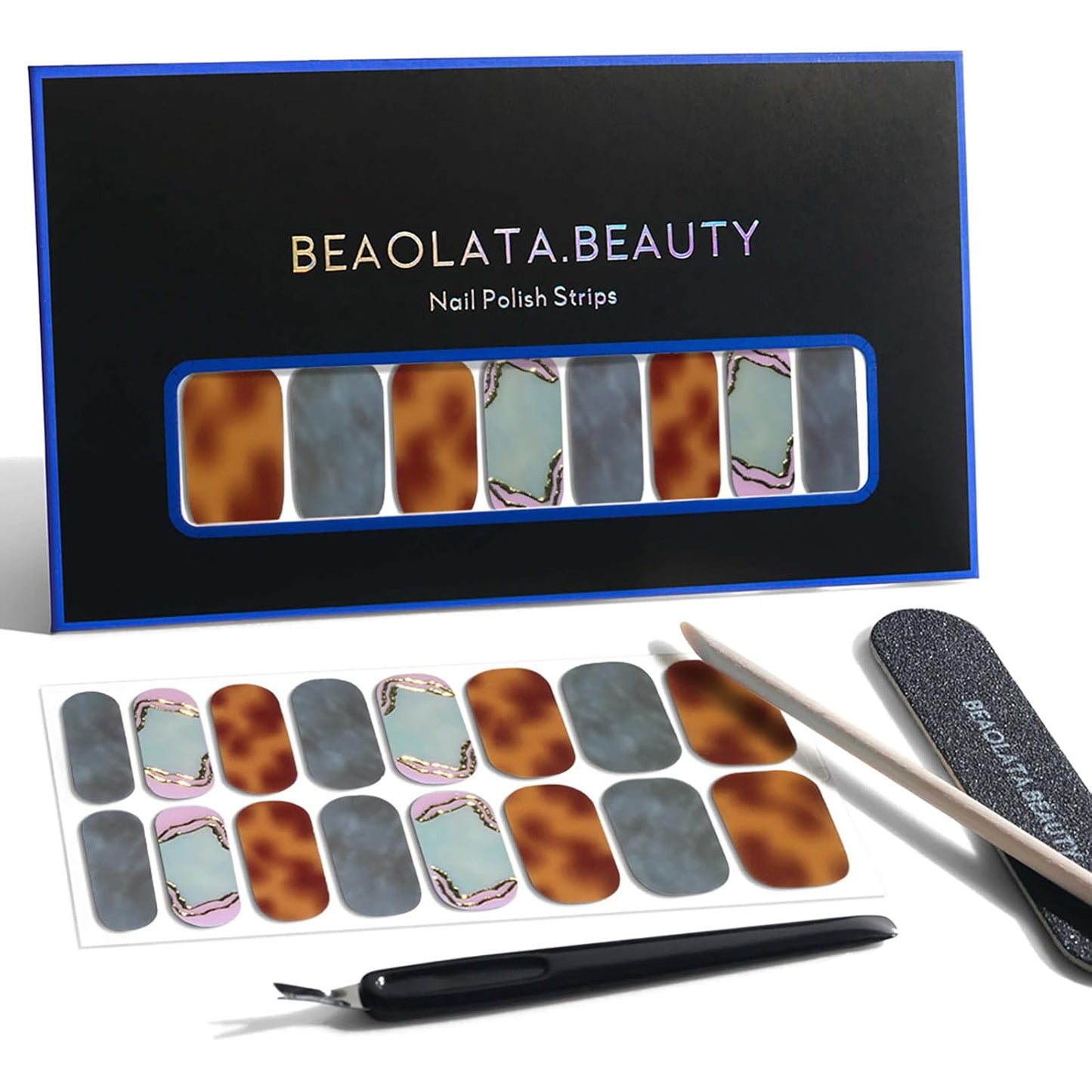 Nail Polish Strips, 32PCS Salon Quality Wraps, Long Lasting Gel Nail Stickers for Women Easy Apply& Remove (Scottish Pebbles Blue&Brown)