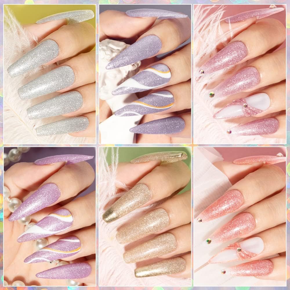 MIZHSE Glitter Gel Nail Polish, 2 In 1 Reflective & Rubber Base Gel Polish 10ml, Sparkly Shimmery Effect Nude Pink Silve Purple Colors Soak Off Nail Art Manicure Home Salon Gift for Women