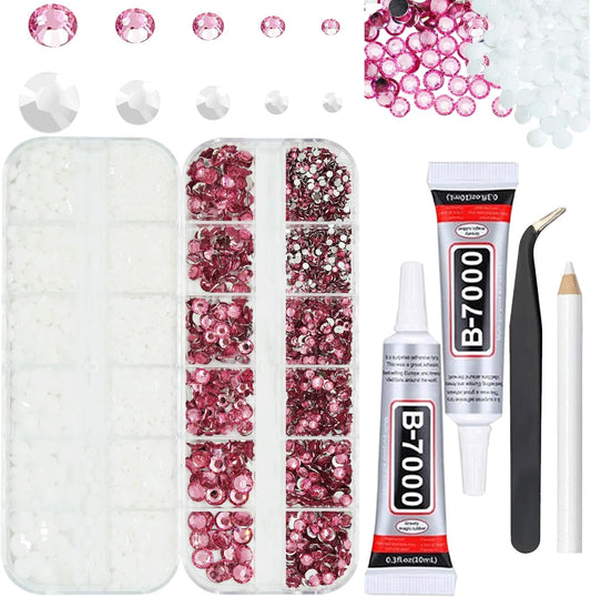White And Pink Rhinestones with Glue(S8-S30) for Bedazzling,2mm-6mm Non-Hotfix Flatback Nail Gems Beads with B7000, Resin Nail GemsStones Diamond Kit for Bedazzle Crafting, Nails DIY Art Decoration