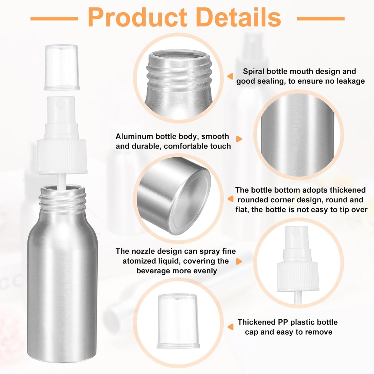 HARFINGTON 5pcs Aluminum Fine Mist Spray Bottles 50ml/1.7oz Metal Small Liquid Alcohol Refillable Travel Container with White Plastic Nozzle Cap for Perfume Skincare Cosmetic Storage Bottle