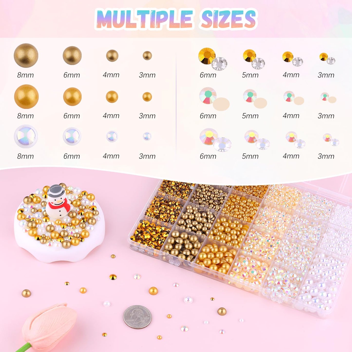 9000Pcs Flatback Pearls and Rhinestones for Crafting, White Brown Mixed Size 3-8mm Resin Rhinestones and Half Pearls for Bedazzling, Nail Art and Decoration with 3pcs B7000 Jewelry Glue