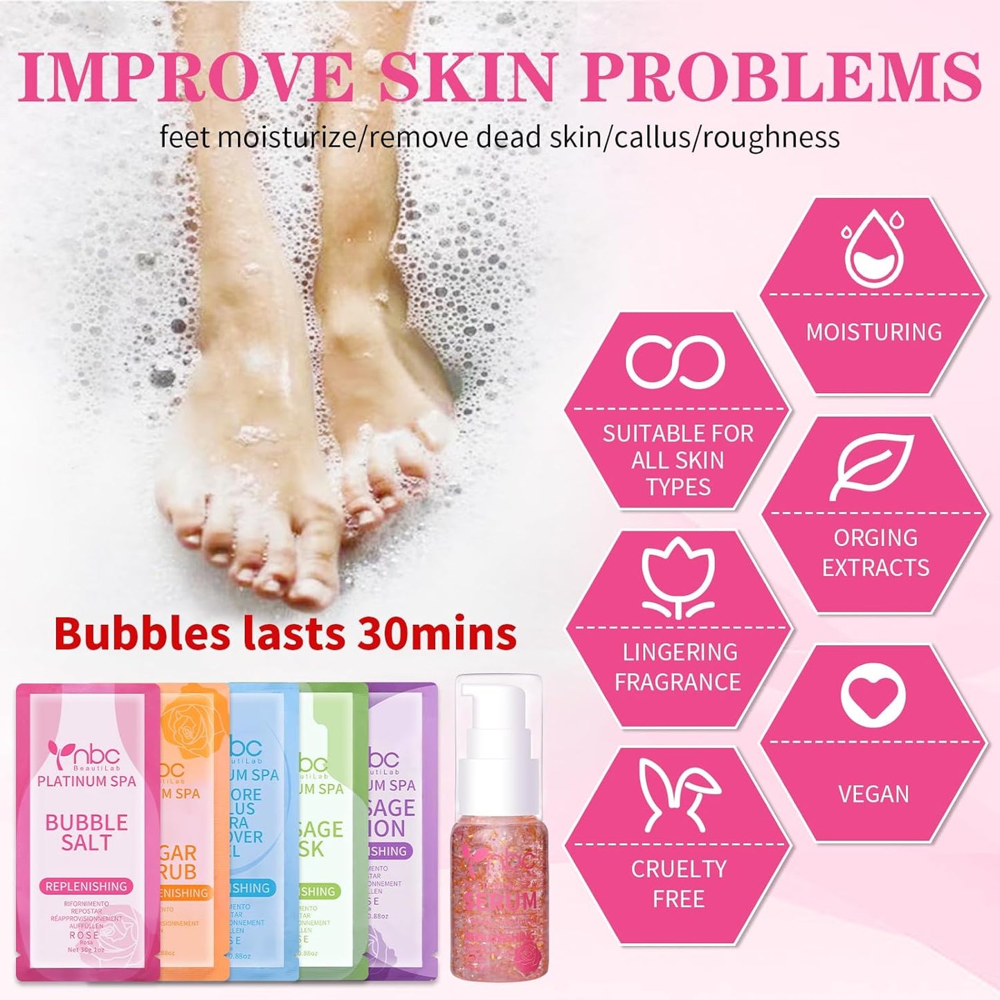 Pedicure Foot Soak Set - Upgraded 6 in 1 Foot Spa, Foot Bath Spa, Pedicure Kit, Foot Soak for Tired & Dry Cracked Feet, Athletes Feet, Bad Odor, Softens Calluses (Rose)
