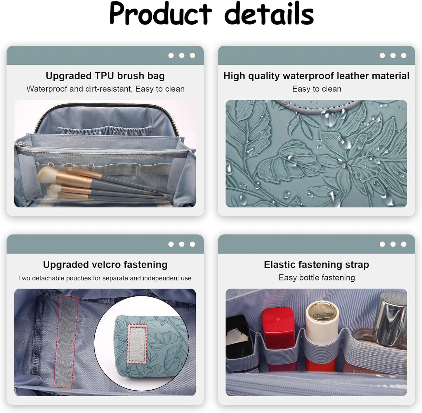 BOYATU Travel Makeup Bags Cosmetic Organizer Bag: 3-Set Large Capacity Make up Bag - PU Leather Toiletry Bags for Women - Wide Open Portable Pouch with Divider & Handle (01-Light Blue)