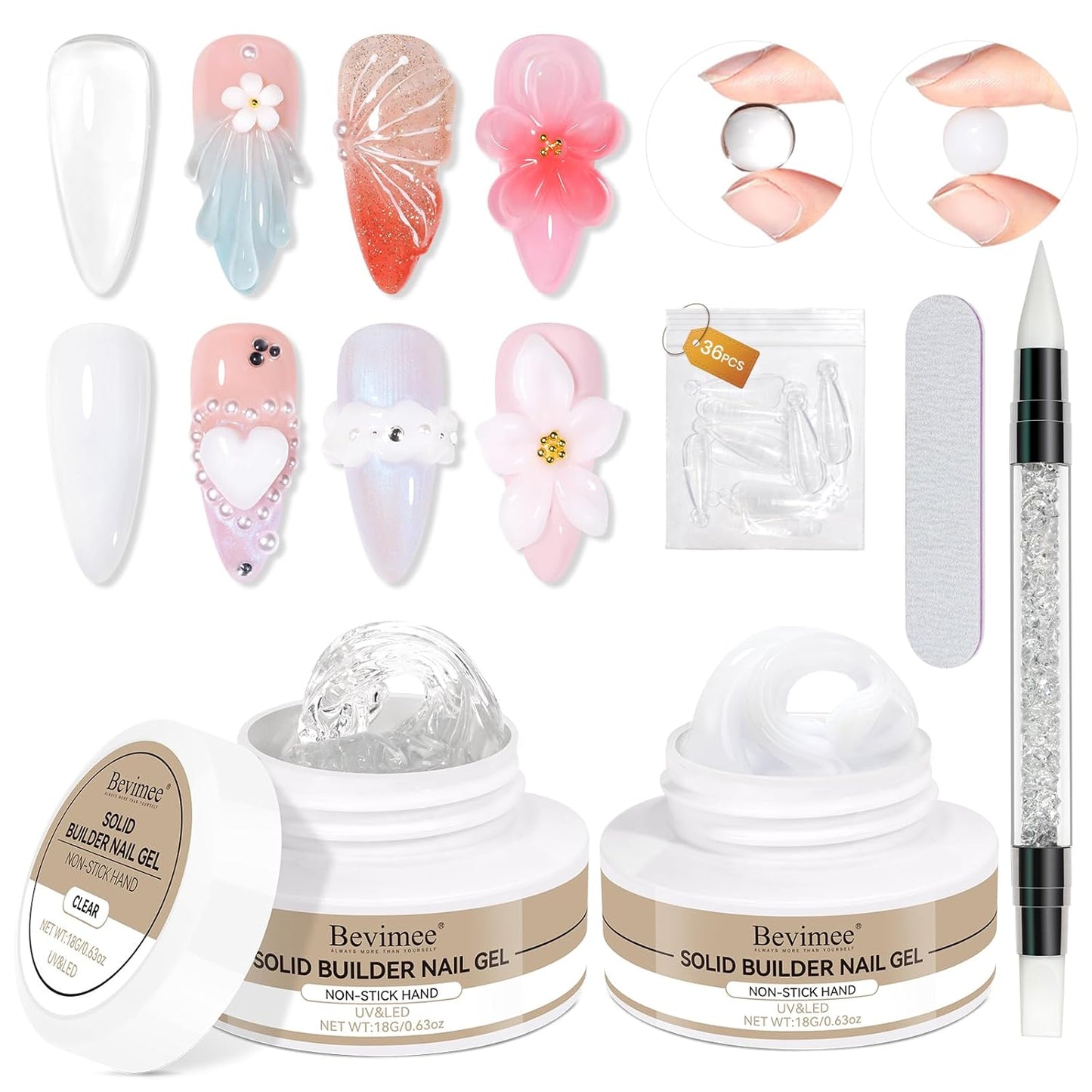 Solid Builder Gel for Nails 2PCS, Sculpting Gel 3D Nail Art Non-Stick Hand, Clear & White, Hard Gels For Nails Modeling, Sculpture, Nail Extension UV/Led Manicure DIY At Home 18g