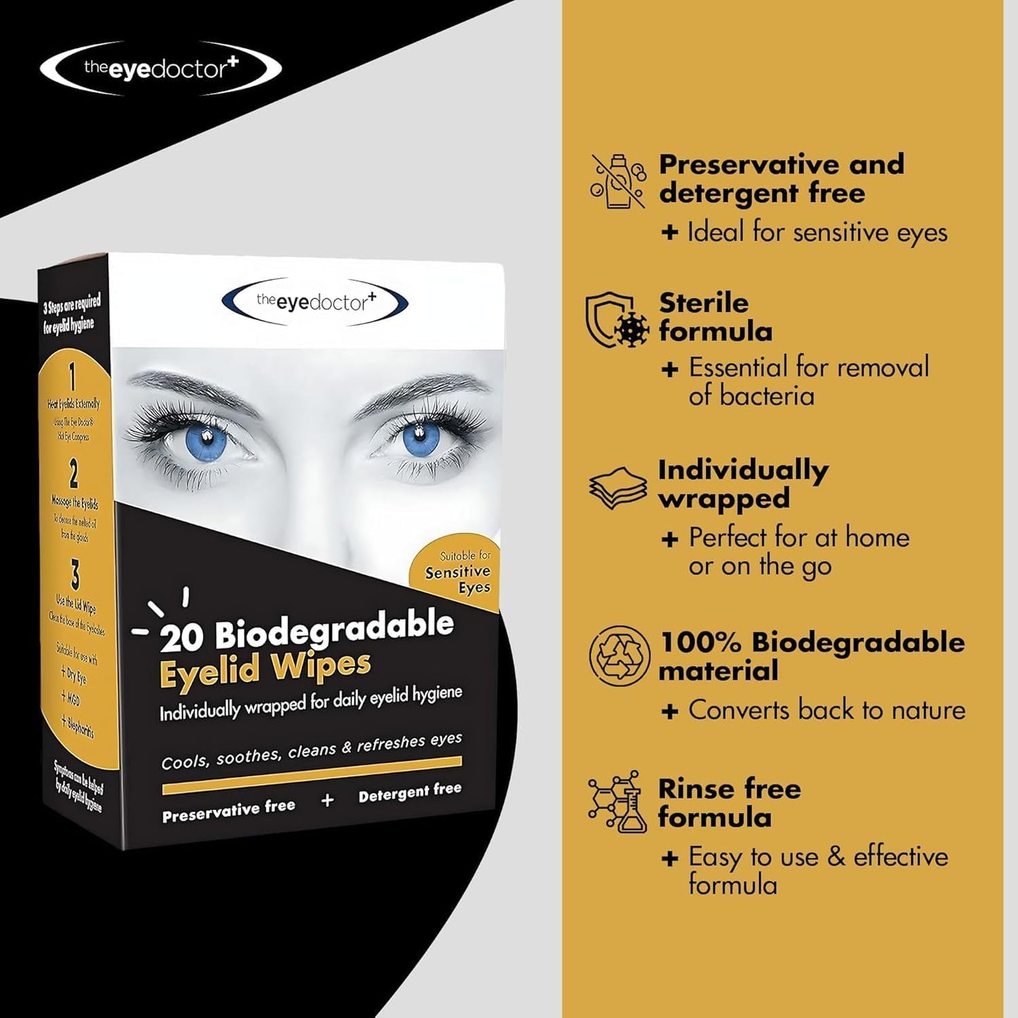 The Eye Doctor Biodegradable Eyelid Wipes - 80 x Single Use Eye Cleaning Wipes for Daily Lid Care - Individual Preservative Free Sensitive Eye Cleaner - Soothes Cleans and Refreshes