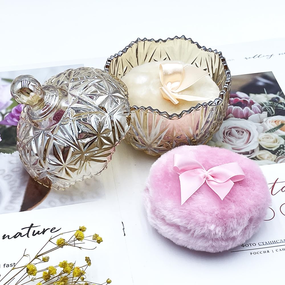 Luxury 4 Inch Glass Loose Powder Container with 2 Soft 3.5" Puffs｜Non-Sealed Refillable Organizer Storage for Body Powder Makeup & Jewelry & Setting Applicator(Crown-Amber)