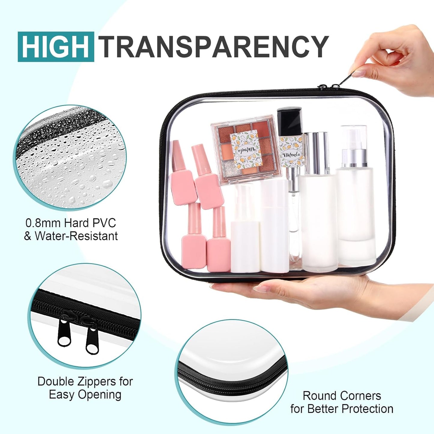 Hoolerry 4 Pcs Hard Clear Zipper Case Makeup Bags Plastic Pencil Pouch Transparent Storage Box Containers for Cosmetics, Snacks, Building Blocks, Puzzles(Black and White,9.8 x 7.9 x 2 in)