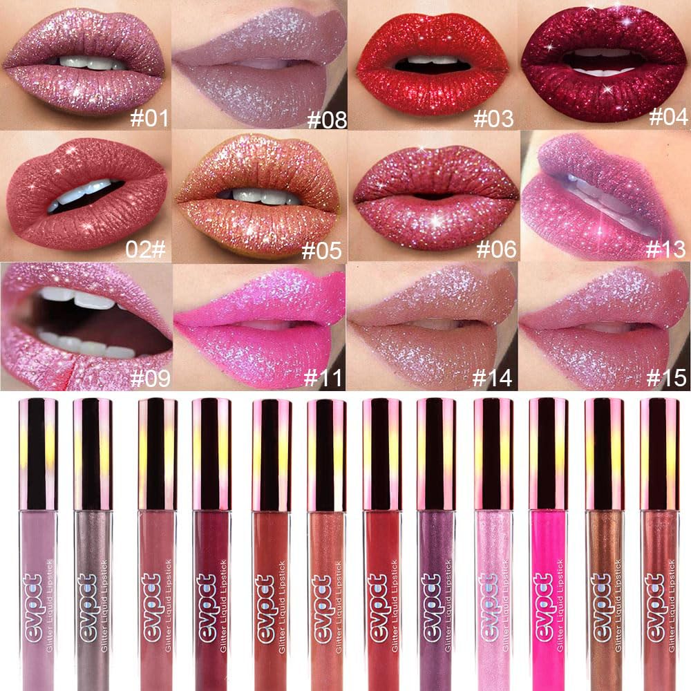evpct 2Pcs Rose & Hot Pink Glitter Metallic Shimmer Diamond Lipstick Lip Gloss Set for Women Long Lasting Waterproof, Light Bright Rose Pink Sparkle Glitter Matte Liquid Lipstick Lip Makeup Kit