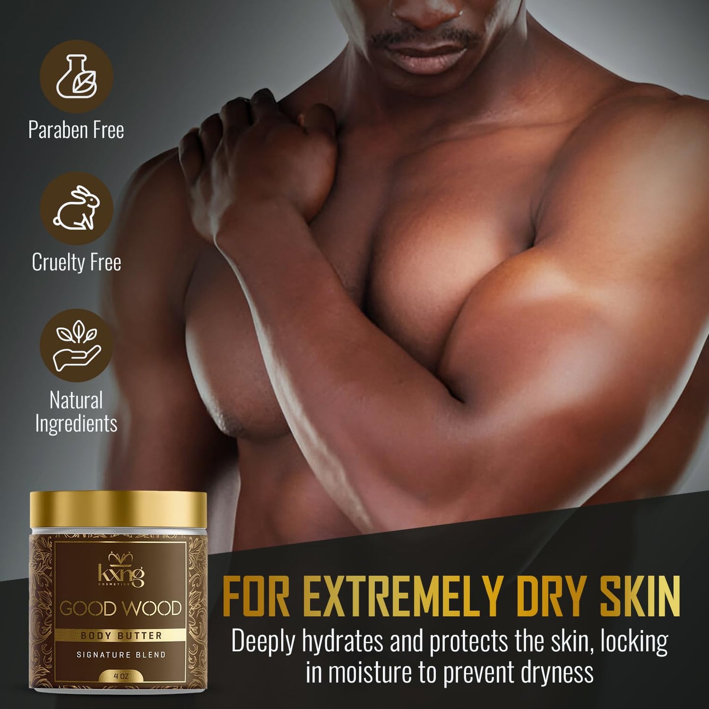 KXNG Cosmetics, Body Butter, Organic Skin Care for Men and Women, Body Moisturizer Lotions and Creams, Raw Shea Butter, Cocoa Butter, Mango, Coconut Oil, Hand, Foot, All Skin Types (Good Wood)