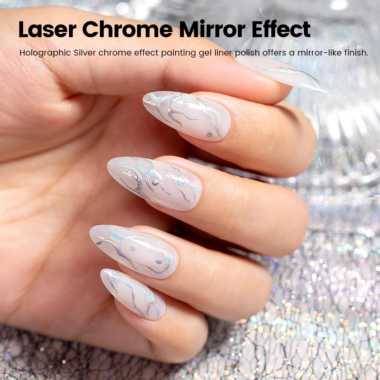 RARJSM Metallic Silver Nail Art Gel Liner Mirror Chrome 3D Holographic Laser Rainbow Effect Gel Nail Polish 8ml Build in Thin Brush Painted Drawing Striper Painting Curing Requires for Home Salon