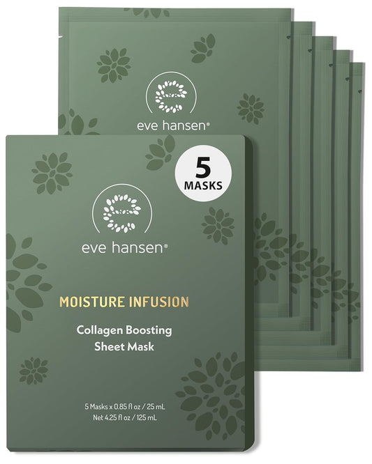 Eve Hansen Collagen Face Mask Sheets Set of 5 – Hydrating & Nourishing Care for All Skin Types – With Hyaluronic Acid, Tangerine Peel, Blueberry Extract & Spinach Leaf