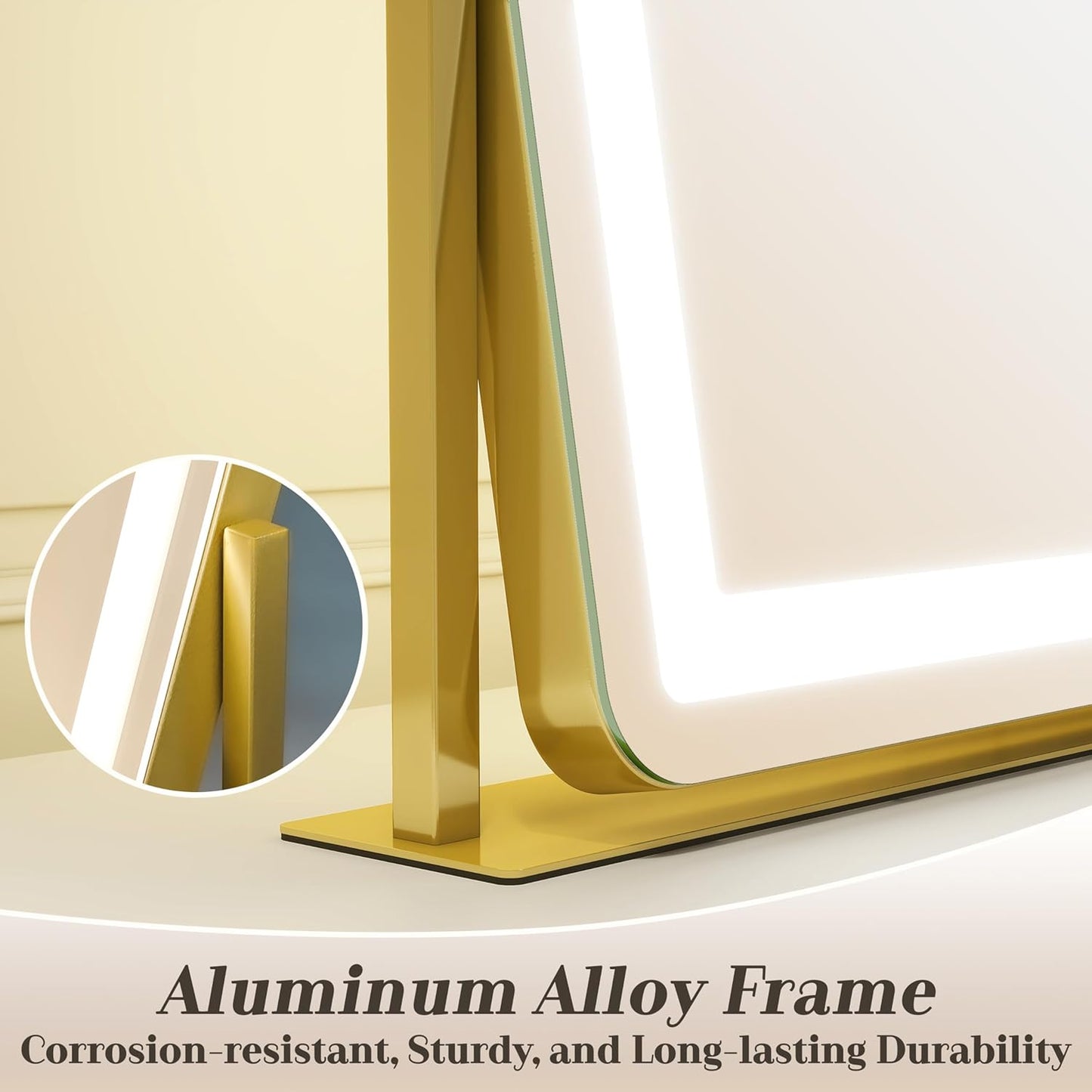 Gold Vanity Mirror with Lights - Smart Touch Dimming, 3-Color Lighting, 360° Rotatable Desktop Makeup Mirror for Desk, 22"x17"