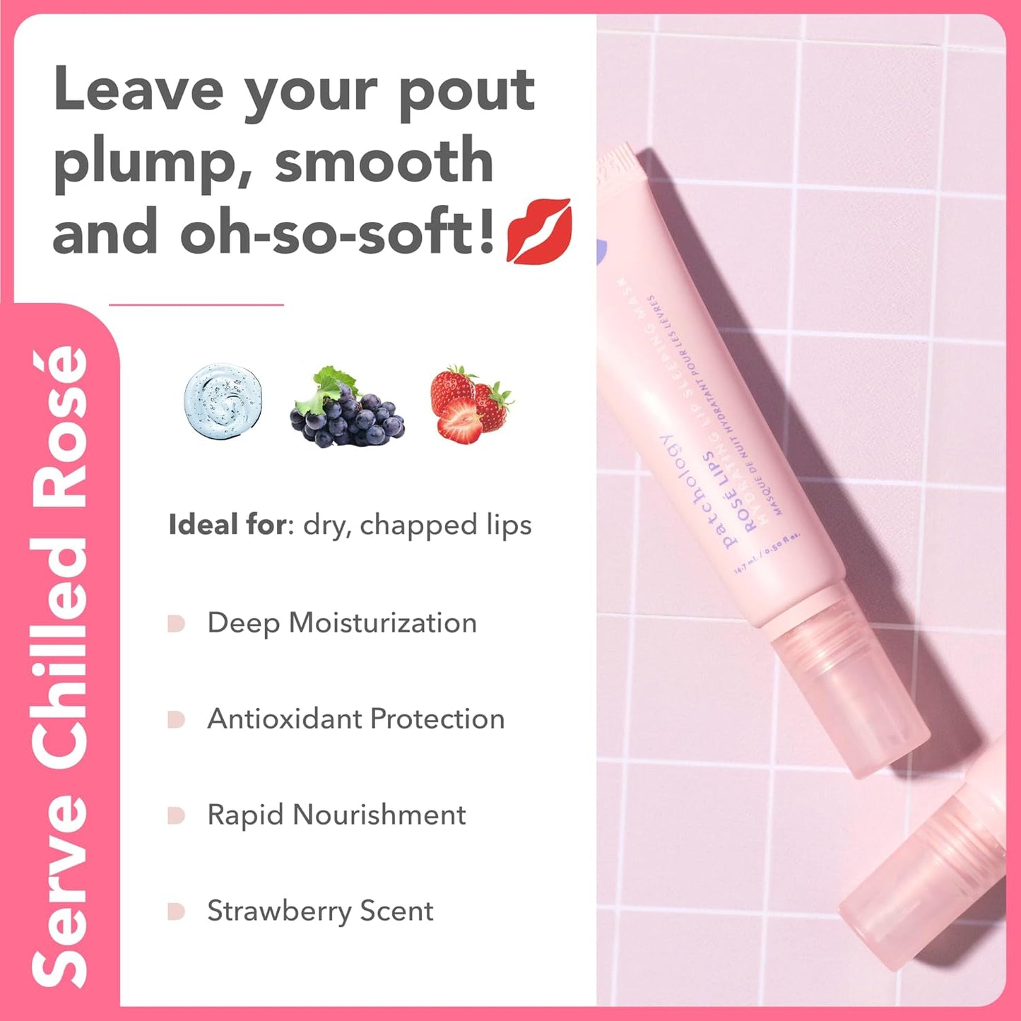 Patchology Rosé Lip Sleeping Mask - Overnight Lip Mask with Hyaluronic Acid and Resveratrol - Hydrating and Repairing Lip Gloss Treatment softens and heals dry cracked lips (14.7 ml)
